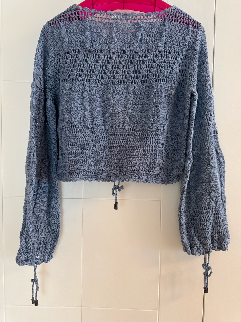 Women's Cropped Crochet Sweater - Dusty Blue - NEW - Size M